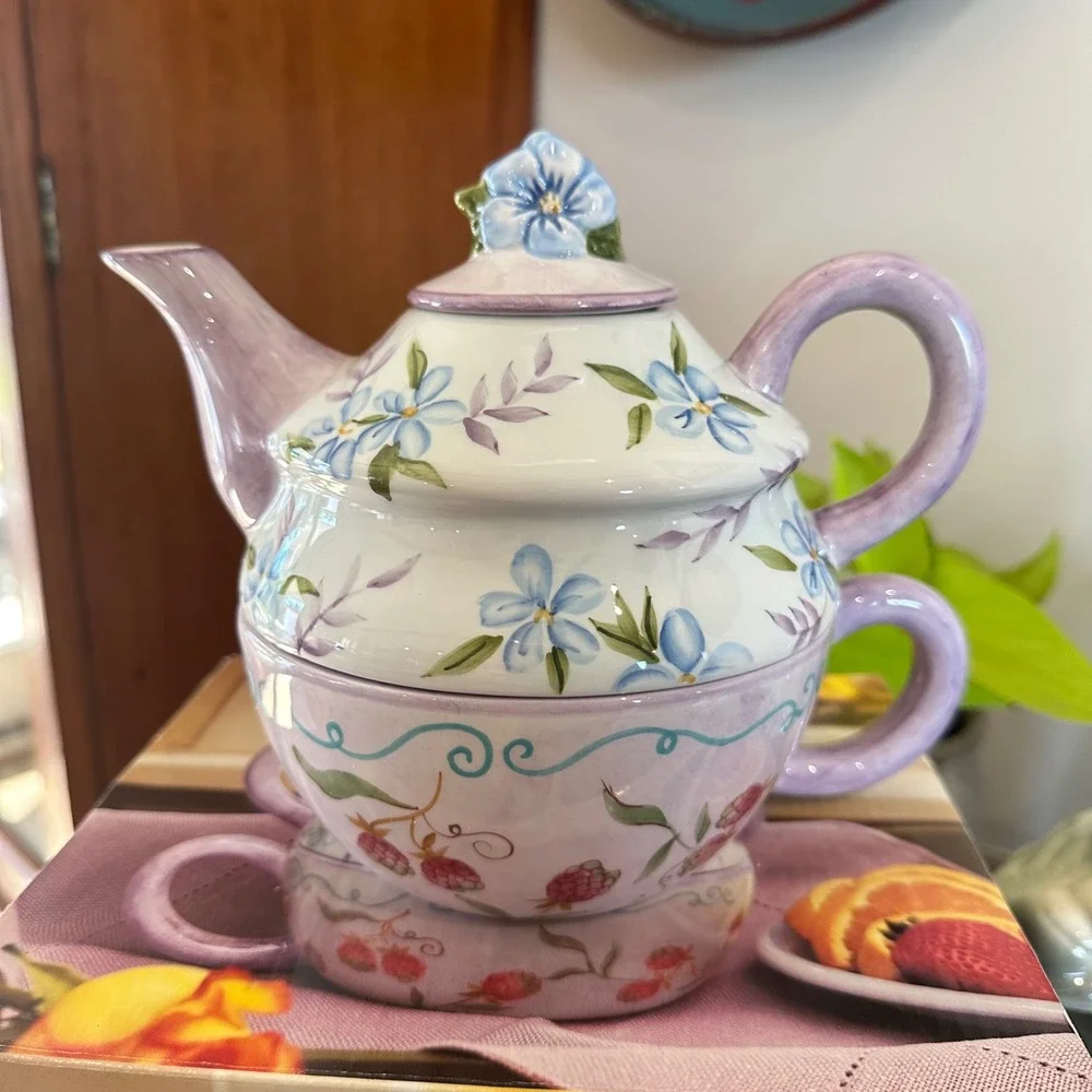 NEW VTG Tea for One Ceramic Nesting Teapot & Cup Set Floral Purple Blue Painted